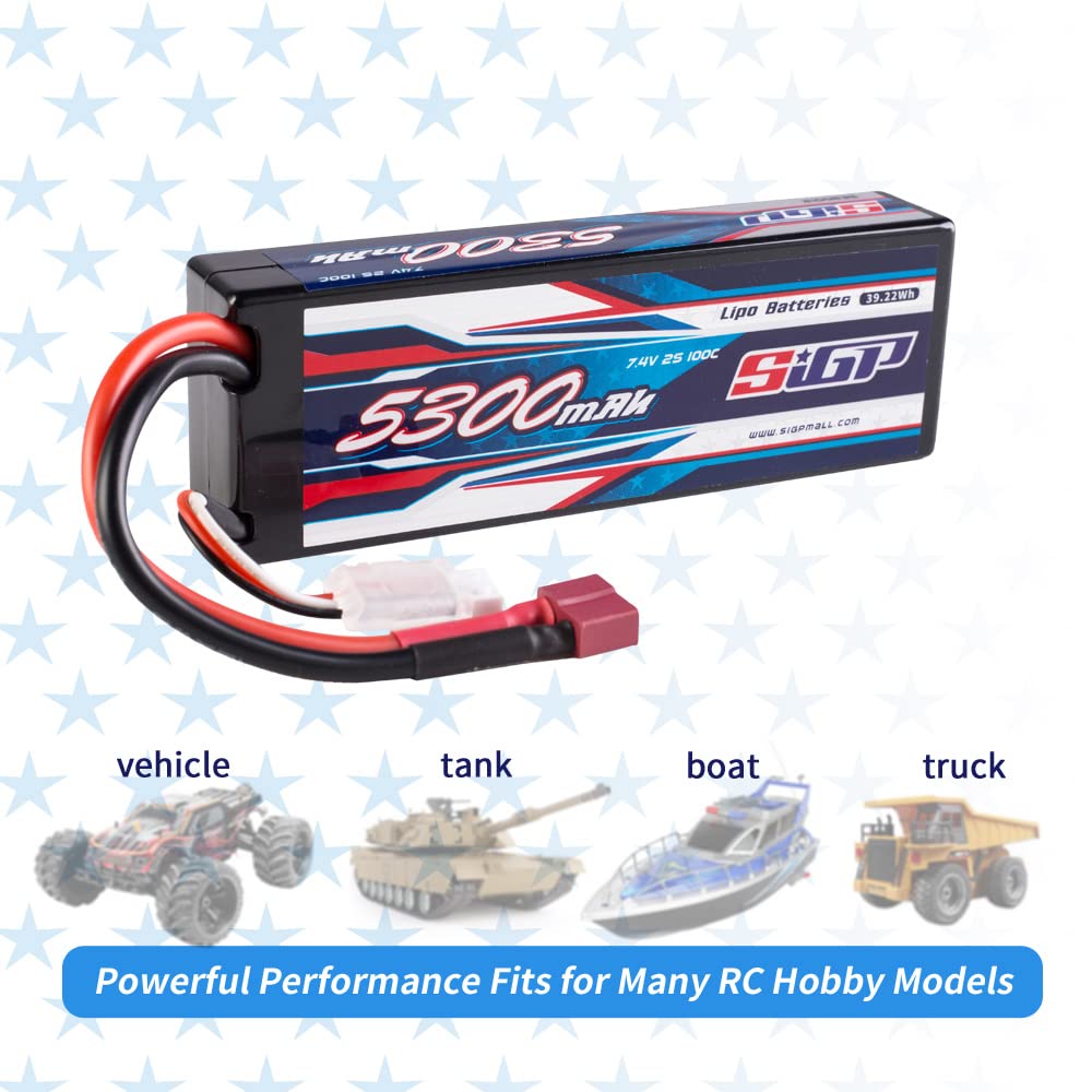 SIGP 2S 7.4V 5300mAh LiPo 100C T-Plug Hard Pack for RC Drones, Helicopters, Trucks, Truggys, FPV Racing, Two Packs
