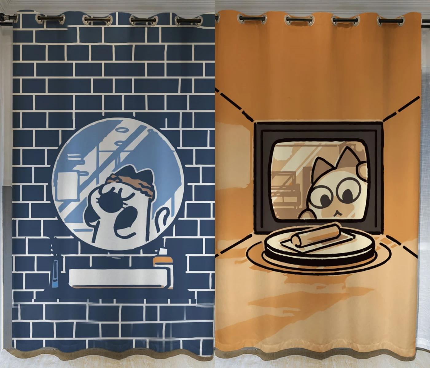 

Long Curtain Blackout Curtain Cute Cat Cartoon Bedroom Living Room Hook Bedroom Perforated Curtain Shading Material Drape New Arrival W55 X H120cm X 2&Grommet Top