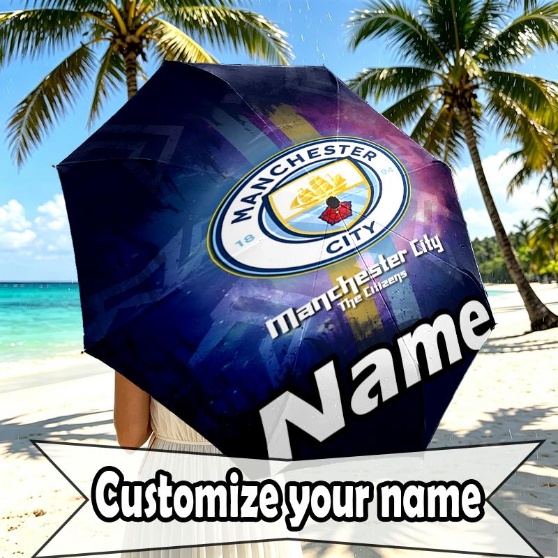 Custom Name Personalized Manchester City FC Print Umbrella, Auto Open Close, 8‑Rib Sturdy Frame, Commute Camping Hiking Use, Birthday Gift