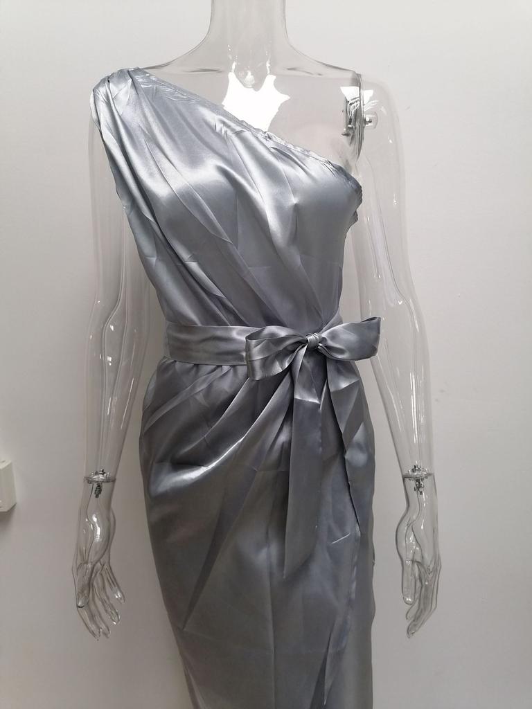 Women's Long Dress New Irregular Slanted Shoulder Belt Slim Fit Satin Dress Fashion Temperament Elegant Women's Clothing