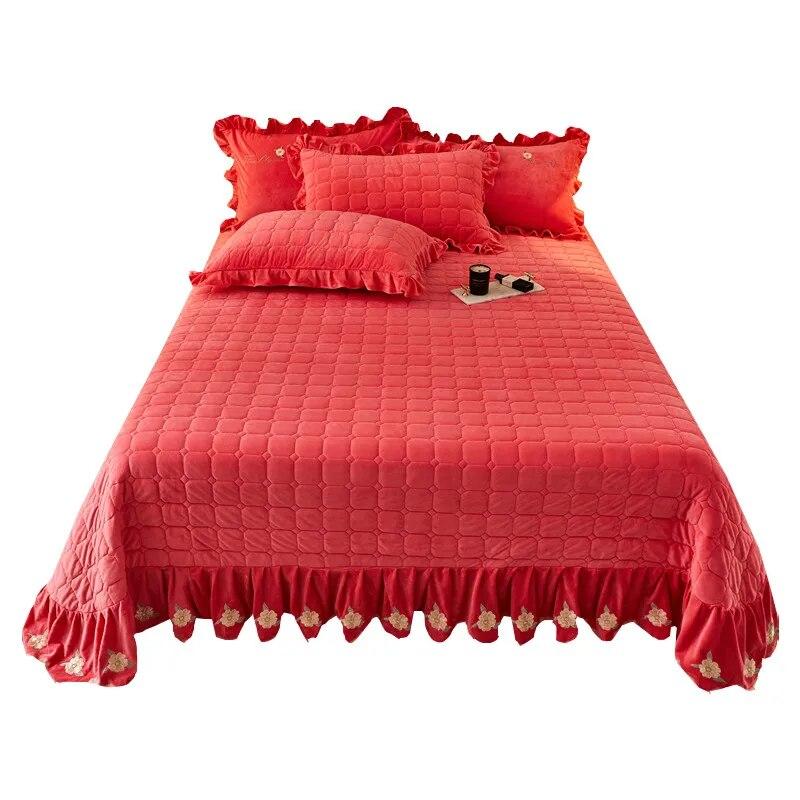 

Плотное бархатное покрывало и наволочка, двойное покрывало Queen King, стеганая мягкая простыня, юбка с рюшами и вышивкой 270x270cm 106x106in