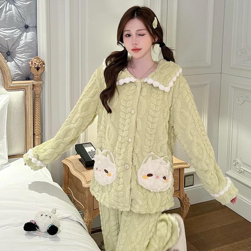 Plus Size Winter Women's Pajamas Set Sweet Flannel Home Clothes Thickened Fleece Lined Coral Fleece Warm Pajamas