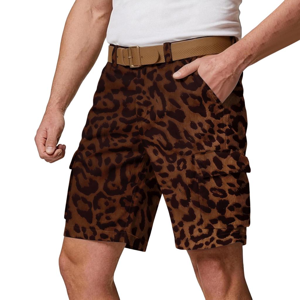 Herren-Cargoshorts mit mehreren Taschen - Lässige Leopardenmuster-Athletikshorts für Wandern, Outdoor-Sommerhosen (Gürtel nicht enthalten)