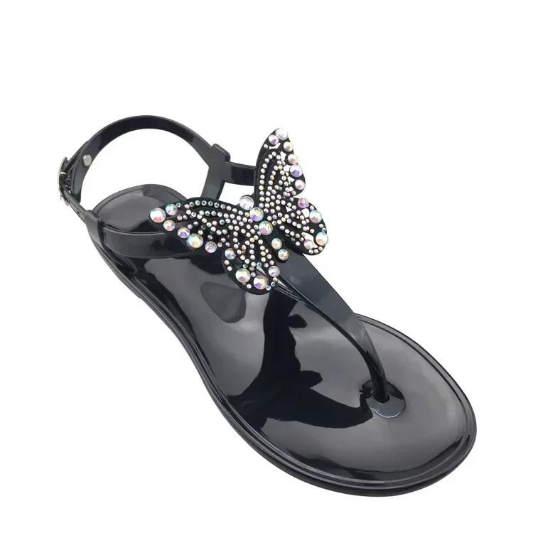Mode 2025 NEU Sommer Damen Flache Strand Glitzernde Strasssteine Schmetterling Sandalen Zehensteg Flip Flops Hausschuhe Damenschuhe