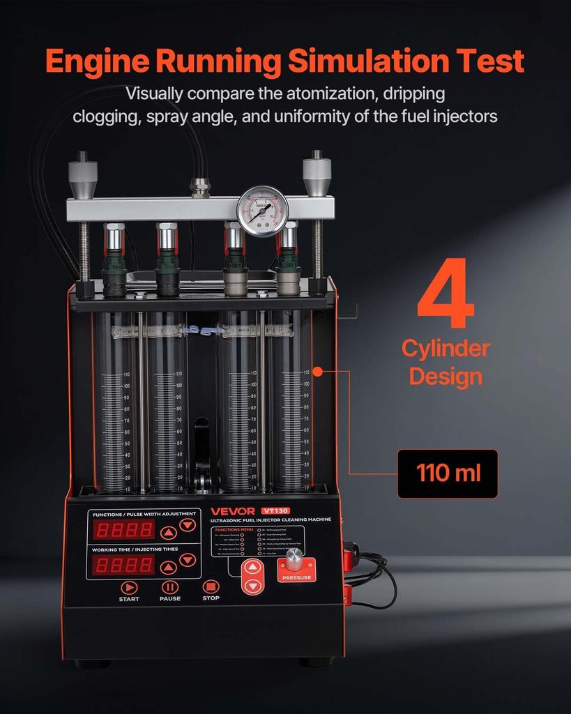 Fuel Injector Cleaner Tester, 9 Test Modes, 4-Cylinder 28kHz Ultrasonic Cleaning Machine, Automotive Injector Cleaner Machine with Drain Valve and 12V