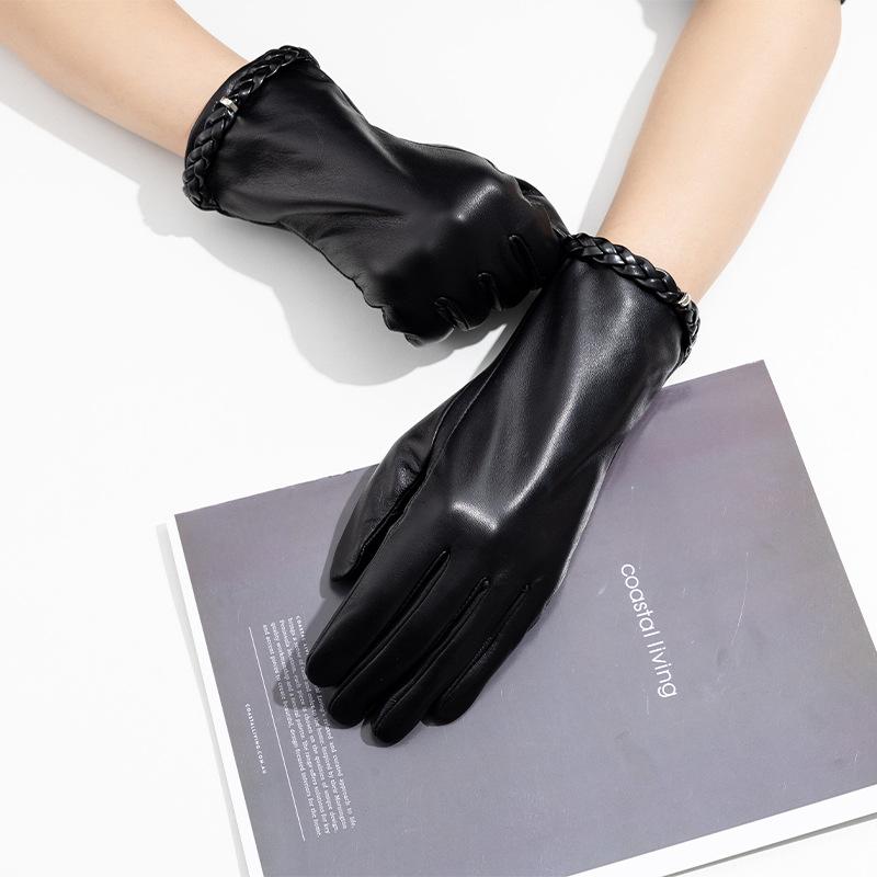 Winter Warm Cycling Genuine Leather Gloves  European and American Outdoor Windproof and Cold-proof Women's Business Fleece Leather Gloves