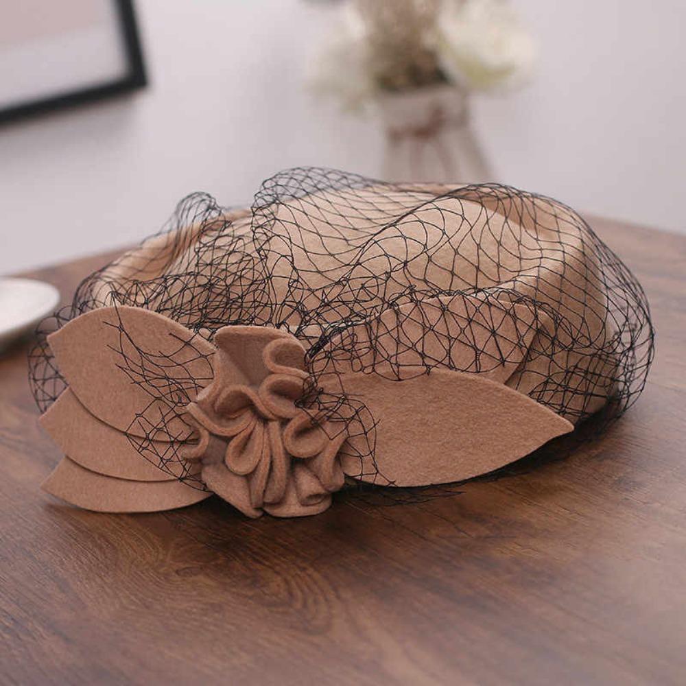 Flower Mesh Topper Hat Solid Color Woolen Beret Woolen Top Hat Formal Hat Performances