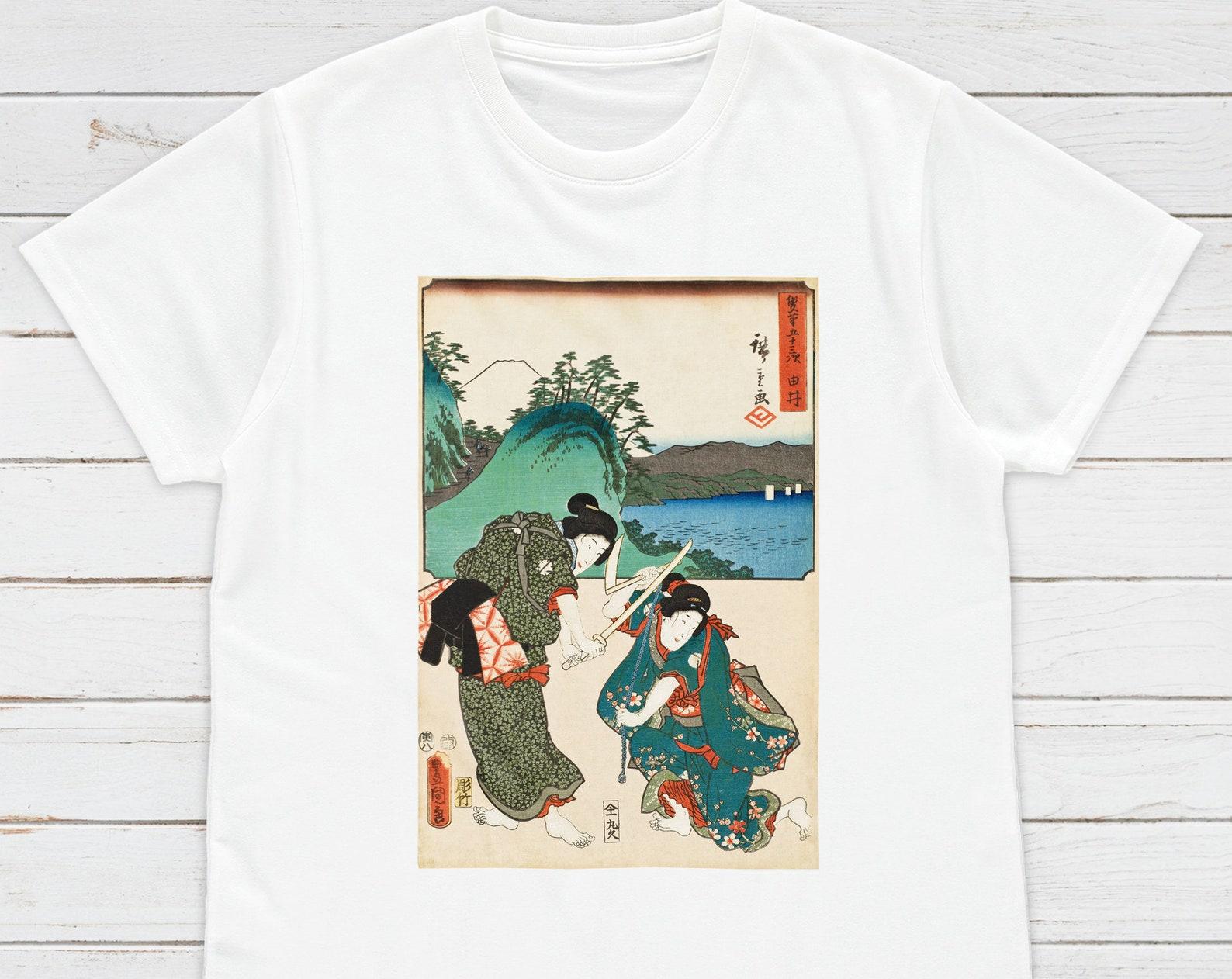 Japanese Ukiyo-e T-Shirt, Hiroshige Samurai Woodblock Art L
