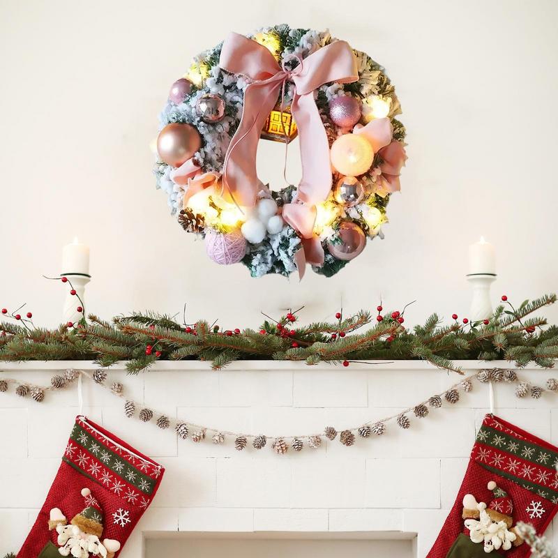 Christmas Snow Wreath Artificial Christmas Door Wreath with Bow Tie Realistic Handmade Led Wreath Holiday Decor for Bedroom