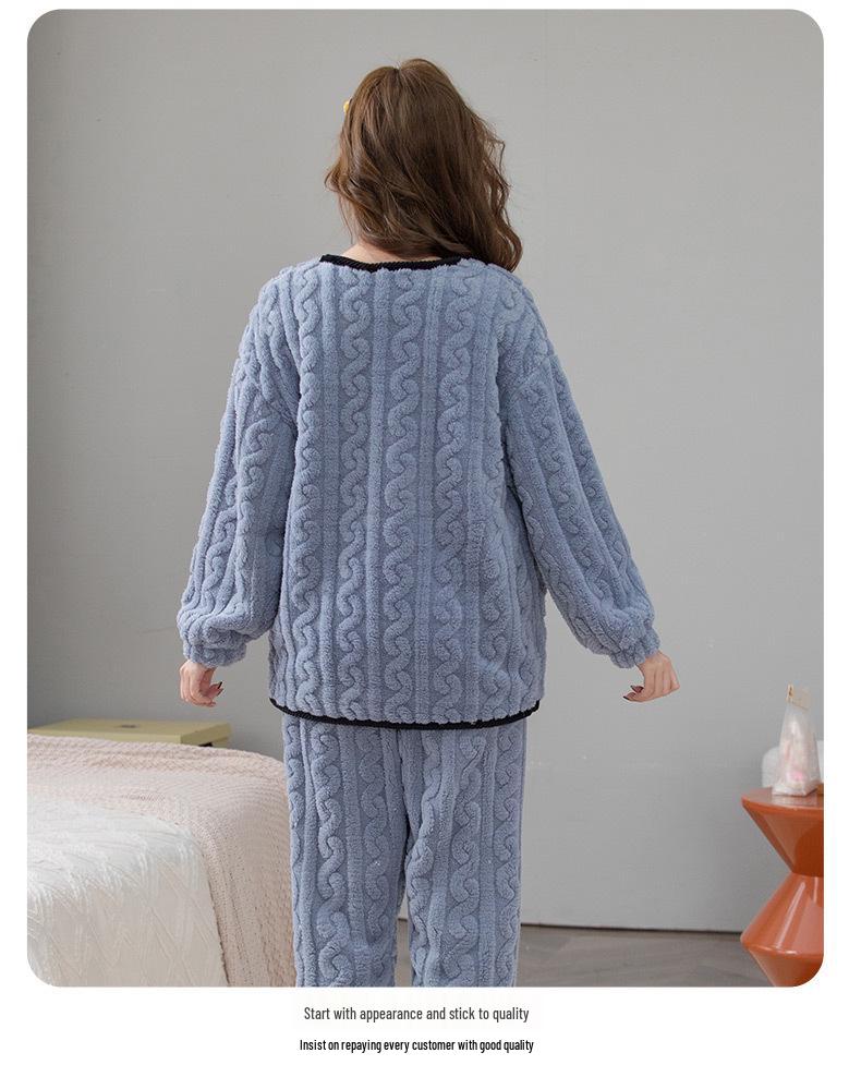 2024 Spring & Autumn Coral Fleece Pajama Set: 3D Jacquard Flannel Long Sleeve Cardigan Homewear