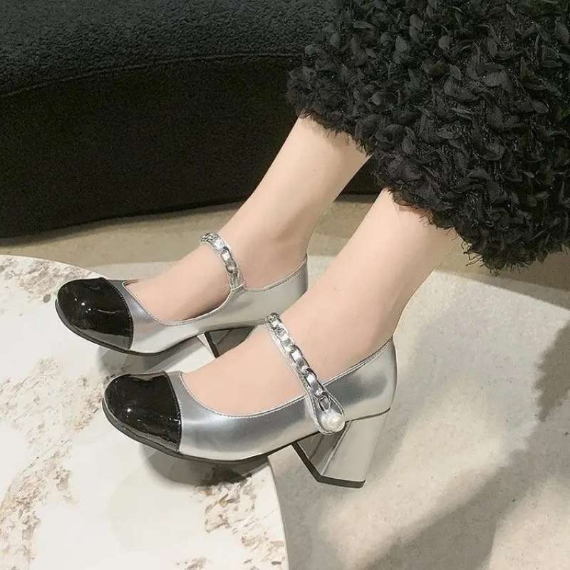 

Leather version French high heels women s 2025 new retro silver thick heel Mary Jane shoes three pairs of half size stickers