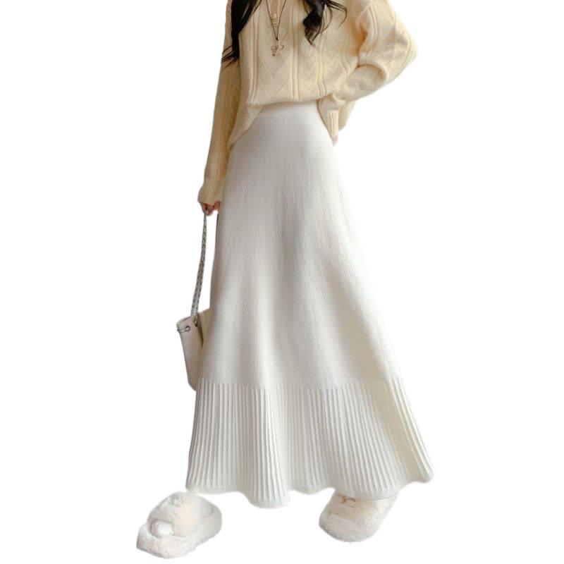 High Waist Autumn/Winter Pleated A-line Knit Skirt with Slimming Design