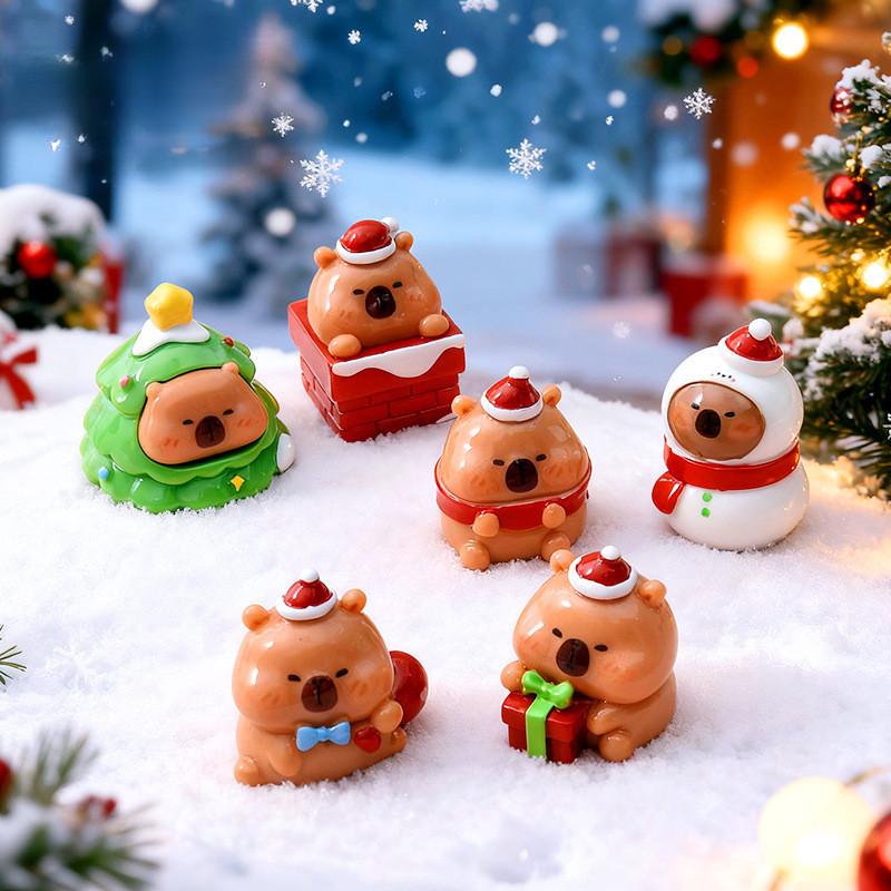 6Pcs/set Christmas Capybara Miniatures Resin Xmas Ornaments Fairy Garden Decoration Micro Landscape