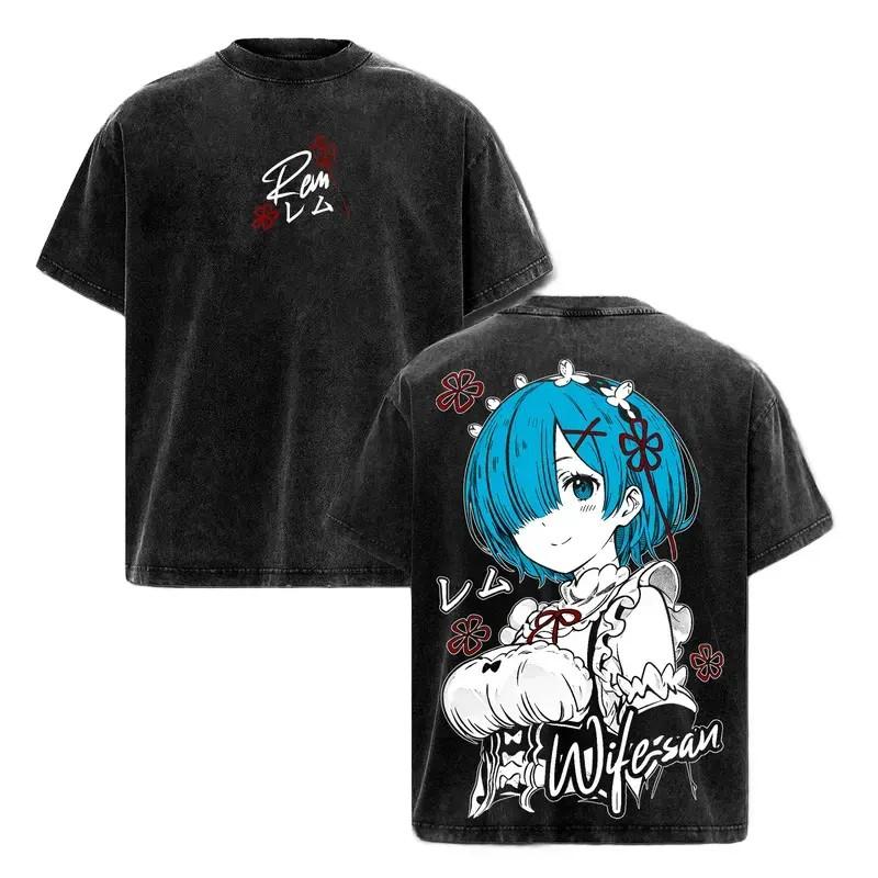 Anime T-shirt Vintage Y2k Washed Oversized Tees Tops Summer Short Sleeve Cotton Tshirt Men Women Clothing