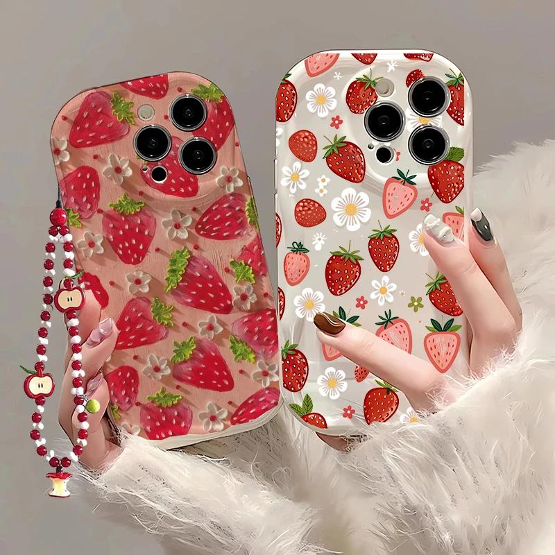 Strawberry Fruit Wrist Chain Phone Case For Motorola Moto Edge 50 Fusion Pro Ultra G84 G14 G75 G35 G05 G15 G22 G24 G54 G34 E13