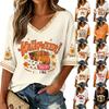 Women's Casual V-Neck Three-Quarter Sleeve Top with Halloween Print for Holiday Parties
