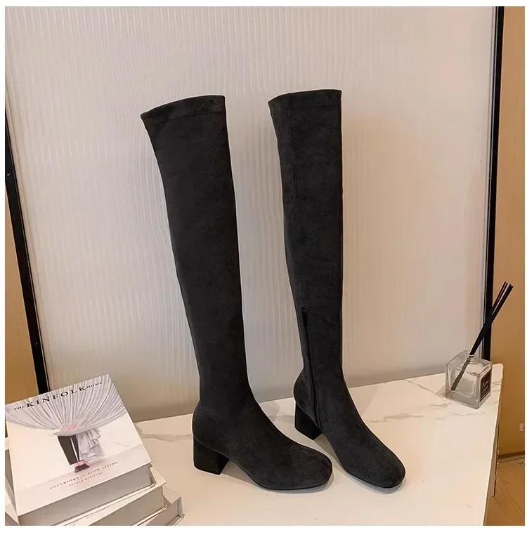Fashion Elastic Long Faux Suede Boots Woman Over-the-knee Boots Casual Black Platform Shoes for Women Autumn Ladies Bottes
