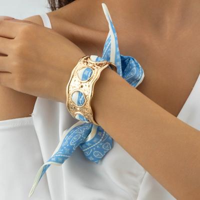 Leopard Print Silk Scarf Cuff Bangles Ribbon-Wrapped Polka Dot Geometric Open Bangle Retro Adjustable Metal Wide Bracelet Women