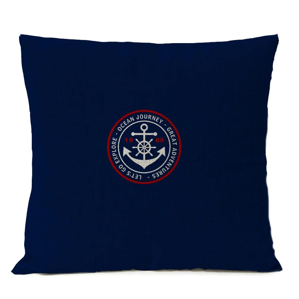 Home Decorative Navigation Blue Compass Anchor Pillow Cover Nautical Shell Fish Linen Pillow Case Mediterranean Cushion Cover