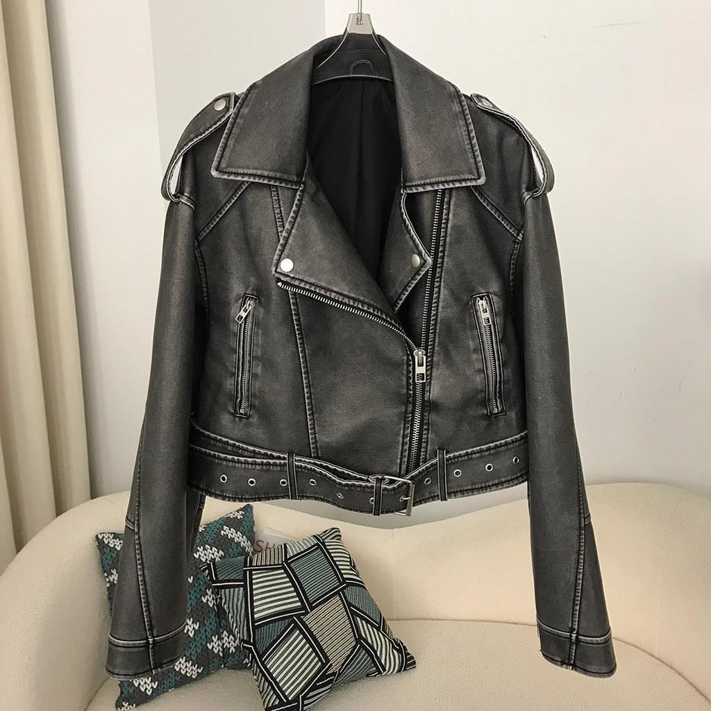 European & American Women's Washed Motorcycle Leather Jacket - 2024 Autumn Fashion