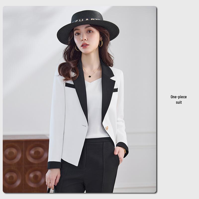 Women’s White Color Block Short Suit Jacket - Fashionable Petite Spring/Autumn Top