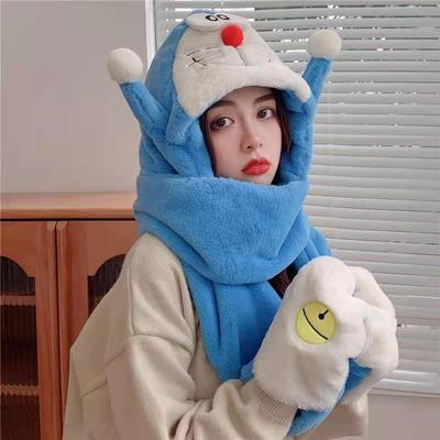 Women Girls 3 In 1 Hoodie Cap Animal Winter Hats Cute Gloves Mitten Scarf Set for Christmas Party Holiday Hat