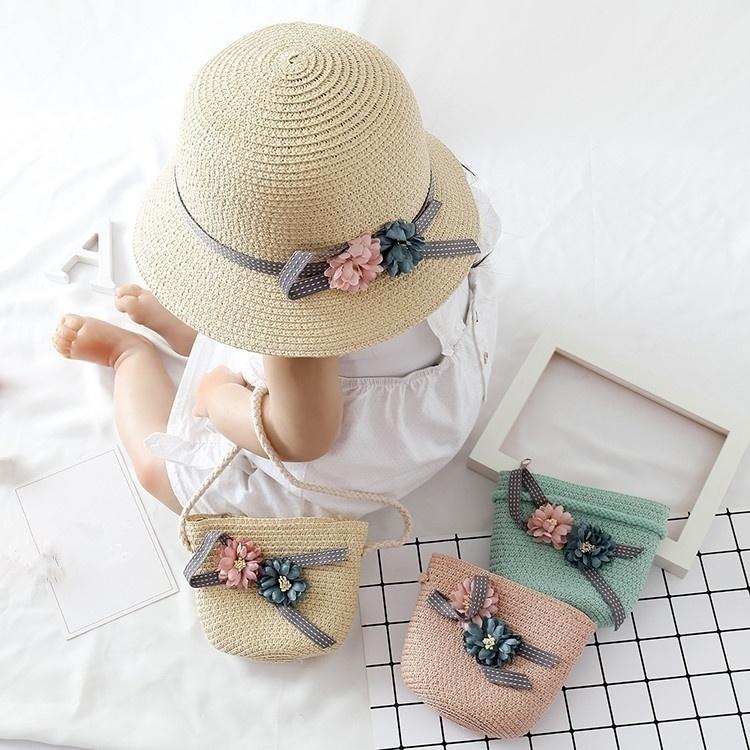 Cute Bowknot Flower Kids Straw Hat + Straw Crossbody Bag Set Baby Outdoor Sun Hat Summer Beach Straw Cap Straw Rattan Bag