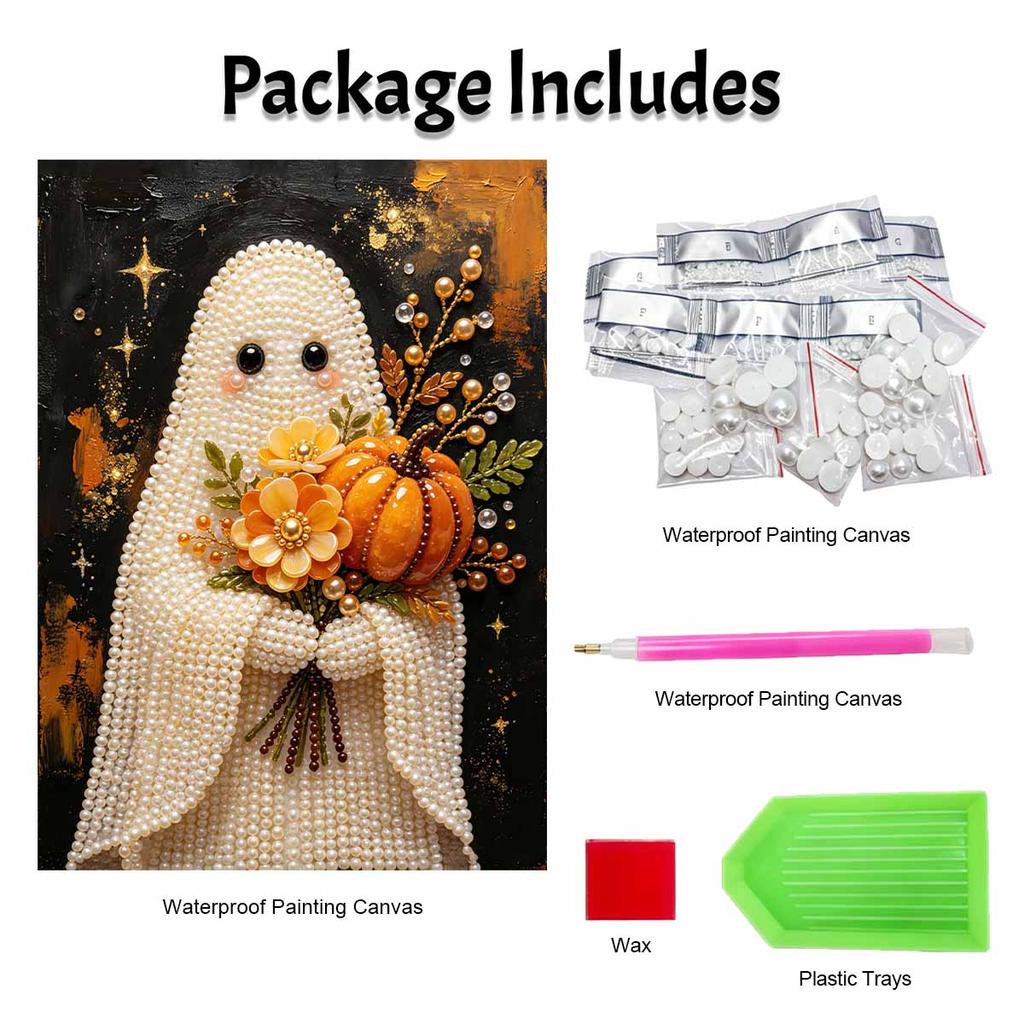 Rahmenloses Perlenmalerei-Set Niedlicher Geist mit Kürbisblumen-Design DIY Handgemachtes Bastel-Leinwandbild für Heimwanddekoration Kunst