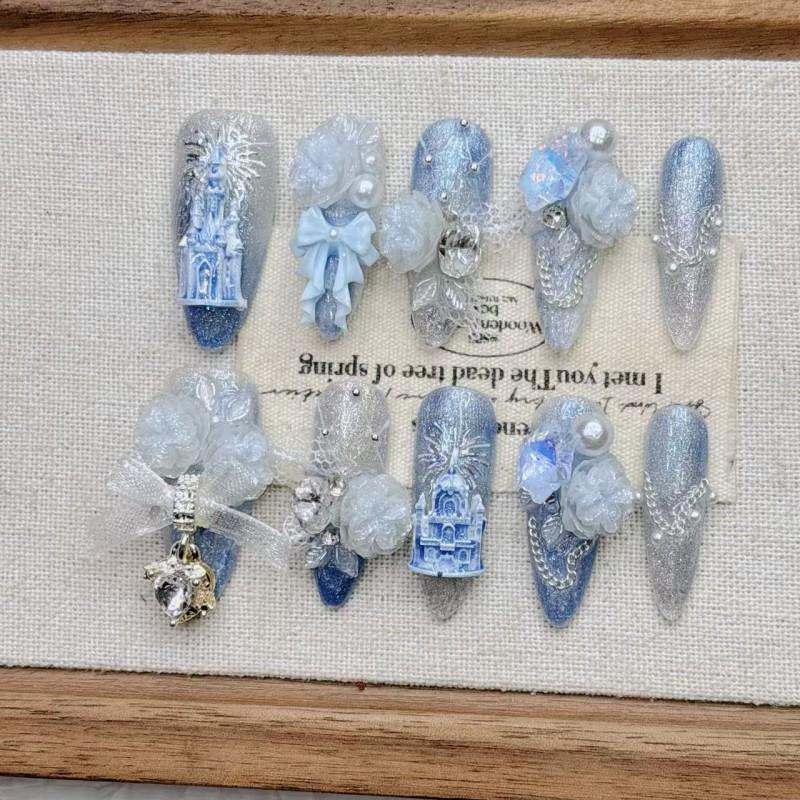 Handmade French Style Press-On Nails 2026 Mid-Length Blue Castle Design Women Girls