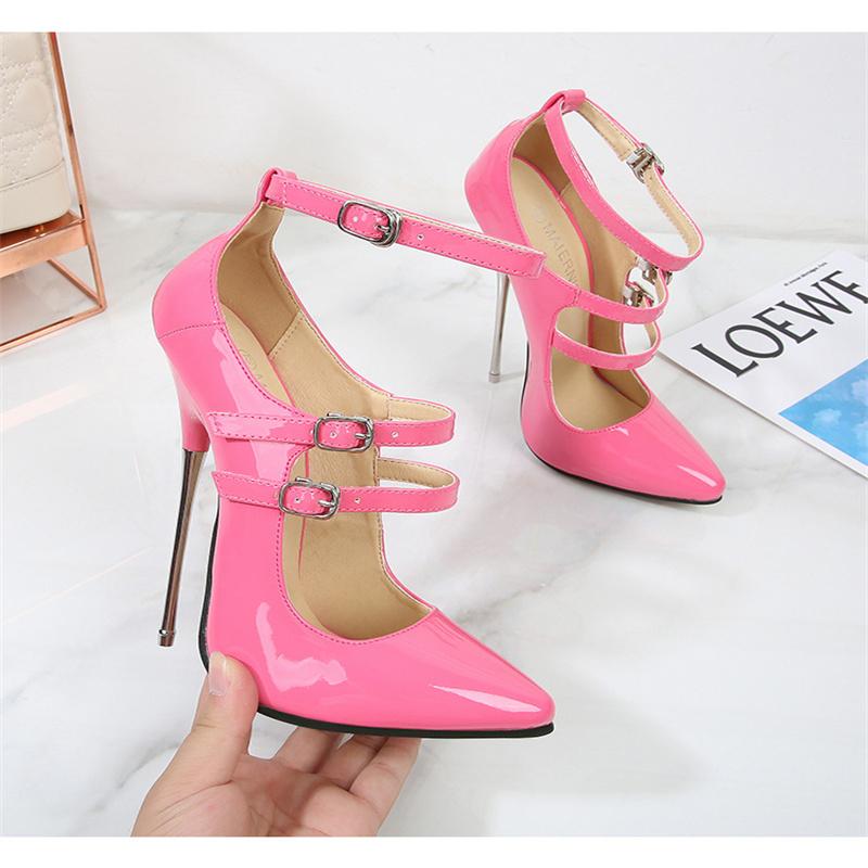 Crossdresser shoes zapatos mujer 16cm thin heels Pink women wedding Pumps Bridal Ankle Strap Patent Leather Stiletto sapato