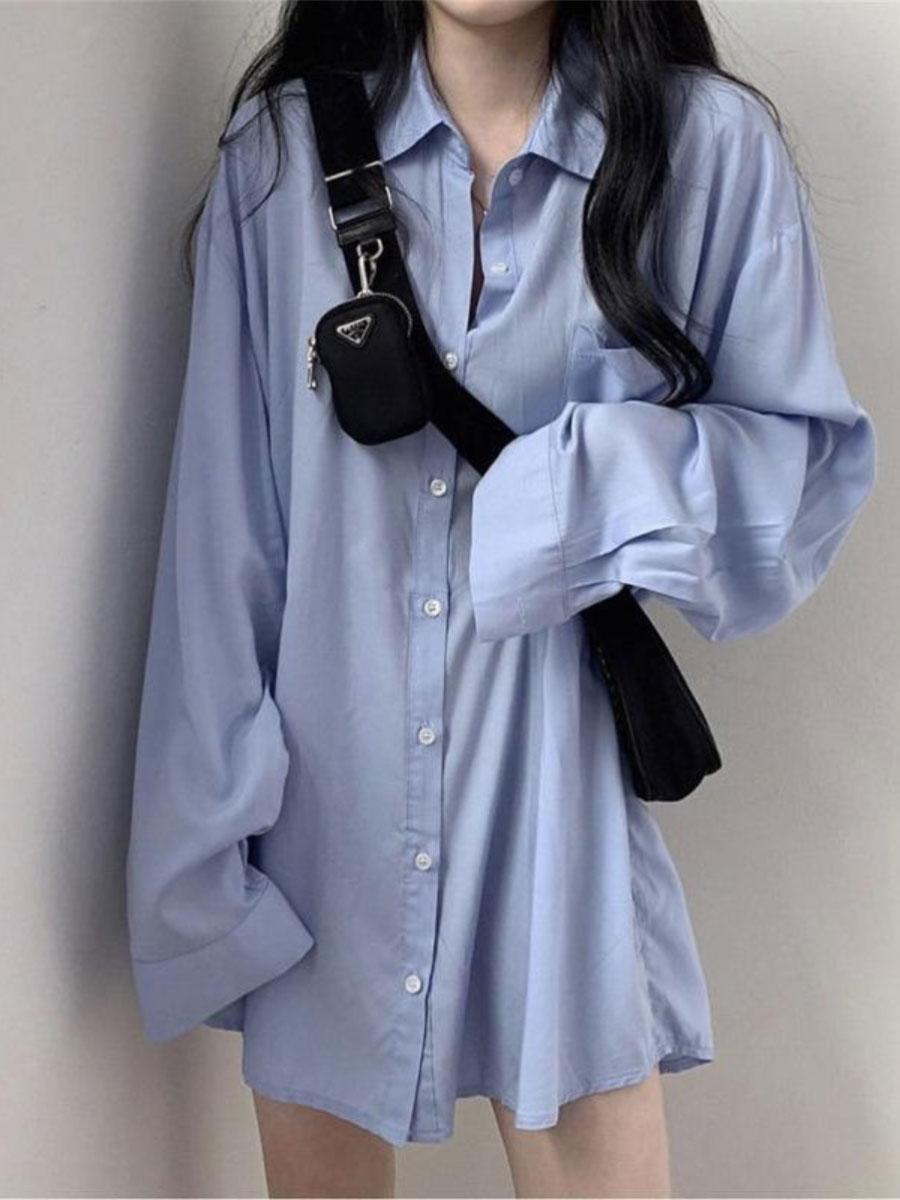 

Женская рубашка с длинными рукавами, оверсайз, повседневная, винтажная блузка, рубашки, мешковатые топы, однотонная, одежда в корейском стиле, весна, осень 3XL синий