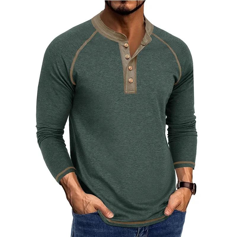 

Men s Long Sleeve Henry Neck T-Shirt Fashion Sports Business Casual Tees Tops Man M зелений
