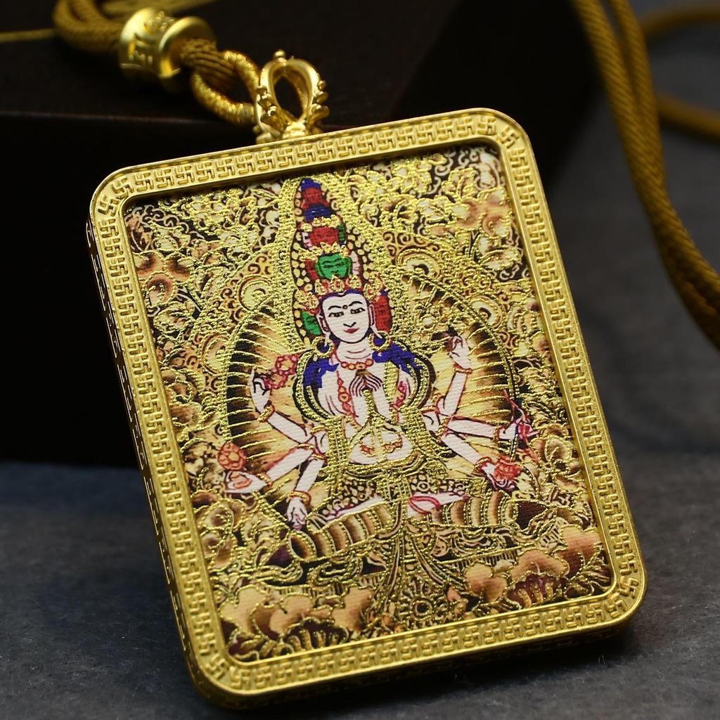 Tibetan Gold-Gilded Thangka Pendant Gau Box with Eight Protectors