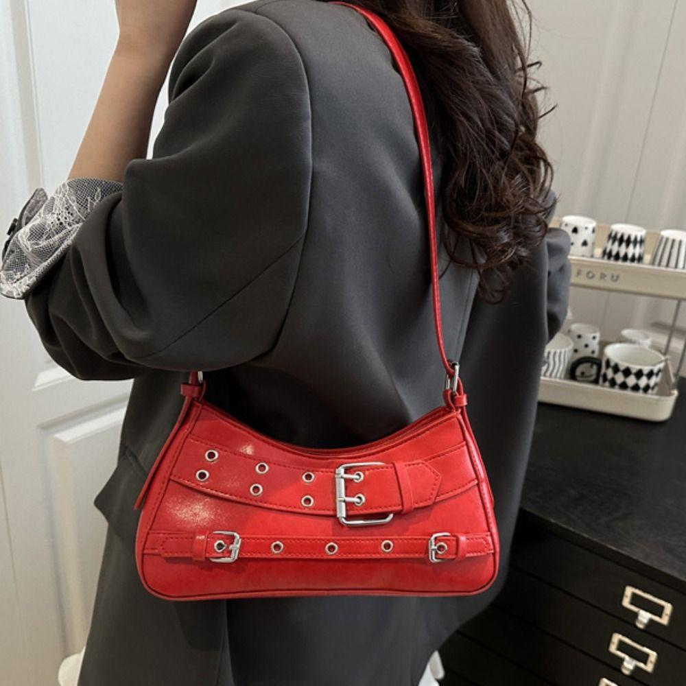 Pu Leather Y2k Underarm Bag Elegant Spicy Girls Handbag Trendy Belt Buckle Shoulder Bag  Club