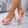 Mode Eckige Zehen Offene Zehen Design Schlanker Absatz Draußen Hausschuhe Sommer Neu Schleife Rutschfest Hoher Absatz Cooles Wischen Übergröße