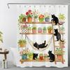 Boho Green Botanical Shower Curtain for Bathroom, Nature Plant Flower with Funny Black Cat Fabric Shower Curtain, Rustic Country