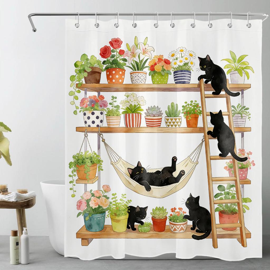 Boho Green Botanical Shower Curtain for Bathroom, Nature Plant Flower with Funny Black Cat Fabric Shower Curtain, Rustic Country