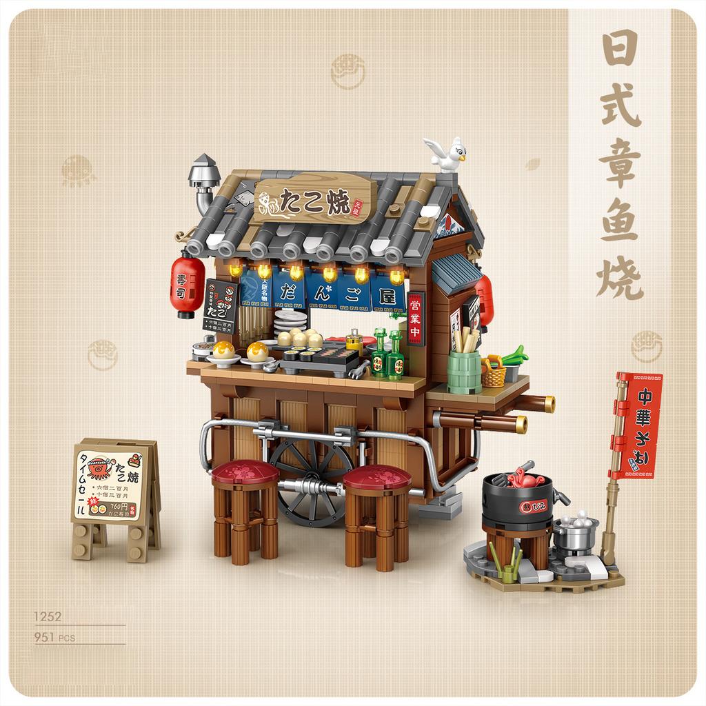 Idea Hong Kong Street View Night Sidewalk Snack Booth Mini Block Food Stalls Streetscape Octopus Squid Balls Building Brick Toys