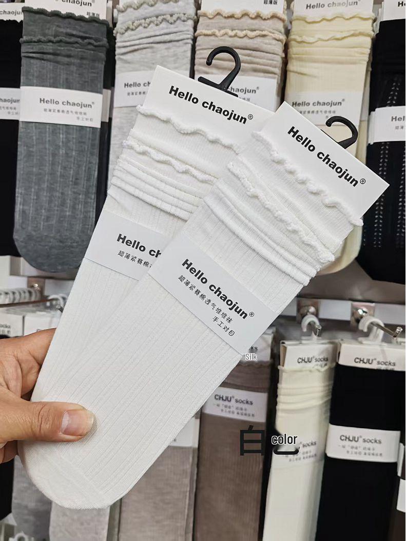 

Hellochaojun Women s Lace Ruffle Cotton Mid-Calf Socks - Spring/Summer Solid Color Collection Size 35-39