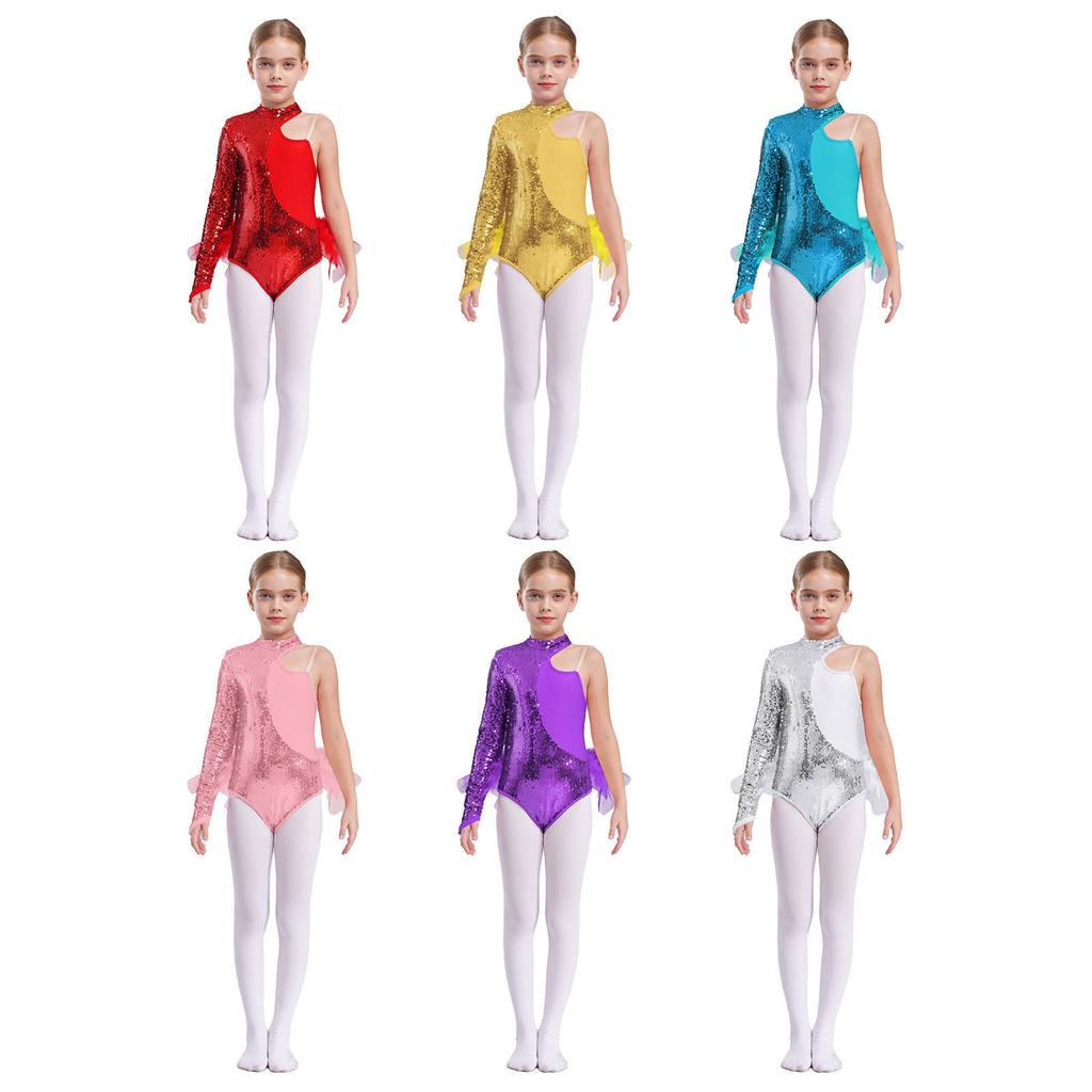 Kids Girls Sequins Tulle Skirted Leotard One Shoulder Long Sleeve Jumpsuit Dance Bodysuit Dancewear