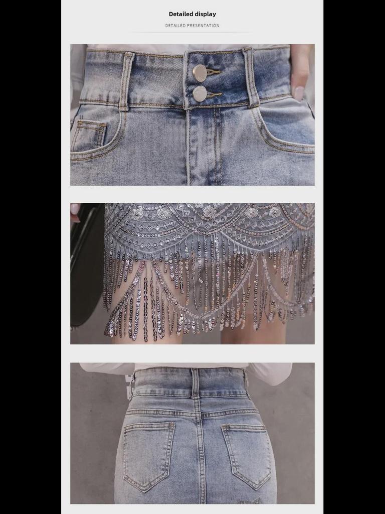 Elegant European Sequin Embroidered Denim Skirt with Beads & Tassels – High Waist, Women's Fashion.