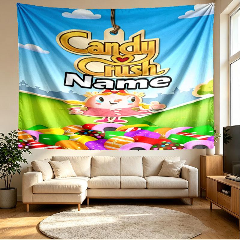 Custom Name Personalized Candy Crush Saga Print Tapestry, Wall Art Decor, Bedroom, Dorm, Apartment, LivingRoom, Party Backdrop, Gift for Birthday