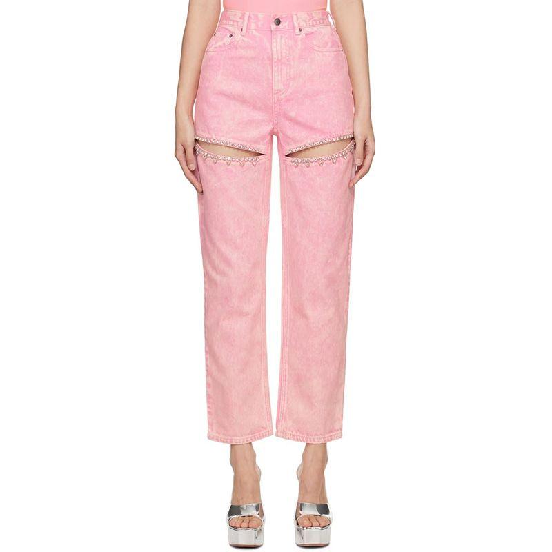 

Casual Jeans2025 Summer New High Waist European and American Niche Diamond Hollow Design Leisure Jeans Women Pink S