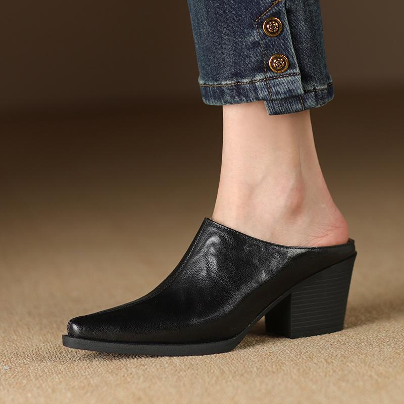2024 New Spring Summer Leather Mules High Heels Women Shoes Pointed Toe Women Pumps Fashion Shoes for Women Ladies Shoes