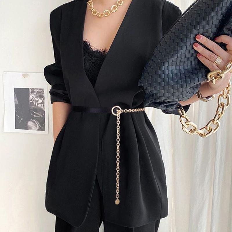 Thin Belt Women Metal Chain Black Pu Leather Splicing Belt Trendy Shirt Decoration Suit Matching All-Match Dress Shirt Chain