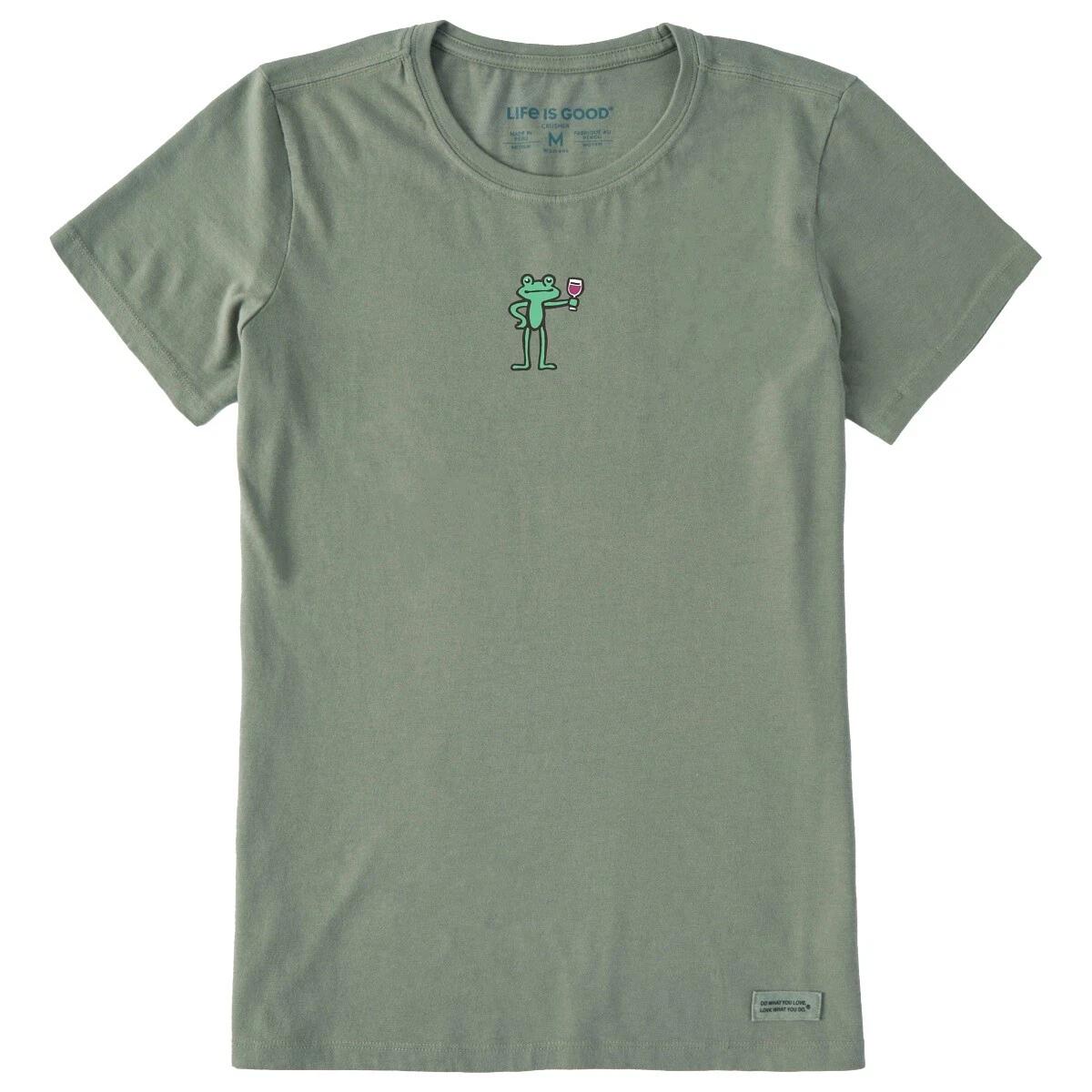 Life is Good. Women s Quirky Frog With Wine SS Crusher Tee, Moss Green L