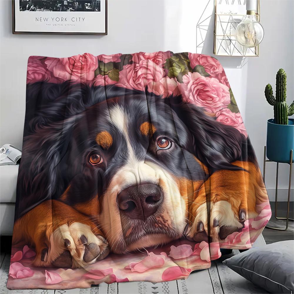 

Bernese Mountain Dog and Roses pattern Flannel Blanket, High quality Comfortable for All Seasons, Home Decor, Warmth and Comfort, Perfect for Gifts. 80cm x 120cm