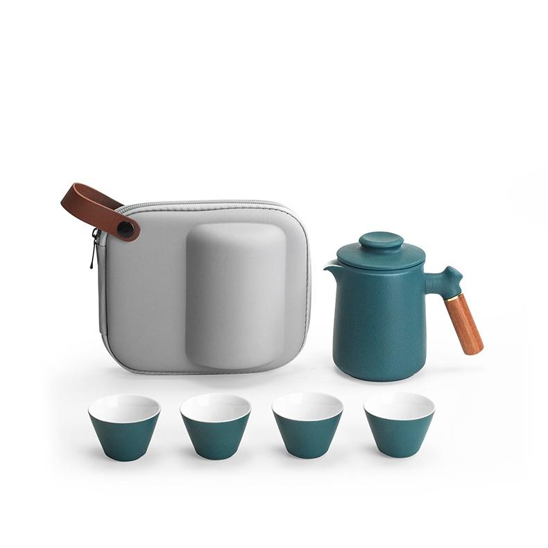 Ceramic Quick Tea Set with One Pot and Four Cups, Wooden Handle Teapot, Portable Bag