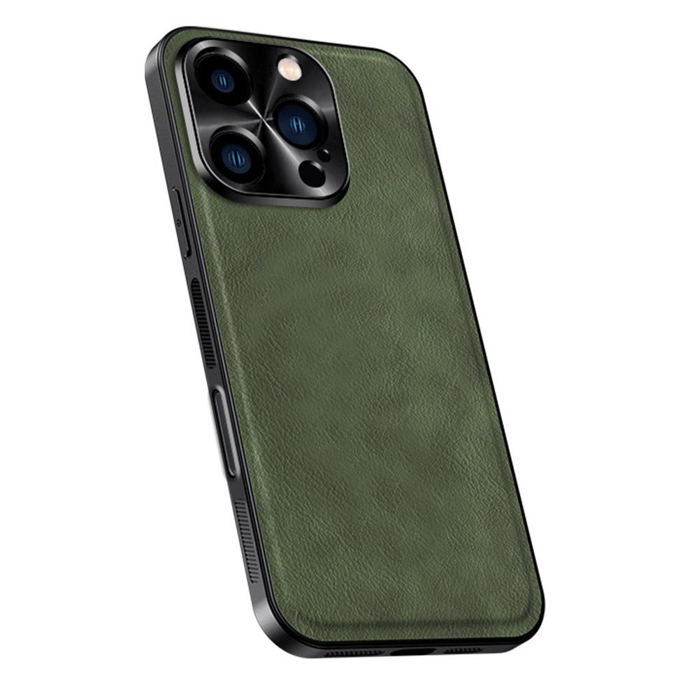 

For iPhone 16 Pro Max Case PU+TPU+PC Phone Back Cover with Metal Lens Frame Green