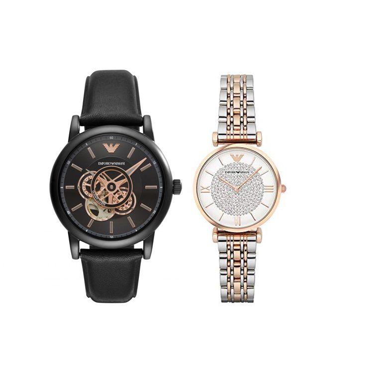 

Emporio Armani Watch Automatic Mechanical Movement Leather Strap Black Dial Fashion Hollow Classic Unisex watches AR60012+AR1926 Regular Watch Box